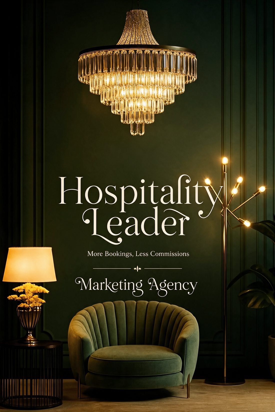 Hospitality Leader — More Bookings, Less Commissions. Salotto d'hotel con lampadario di cristallo e poltrona in velluto verde.